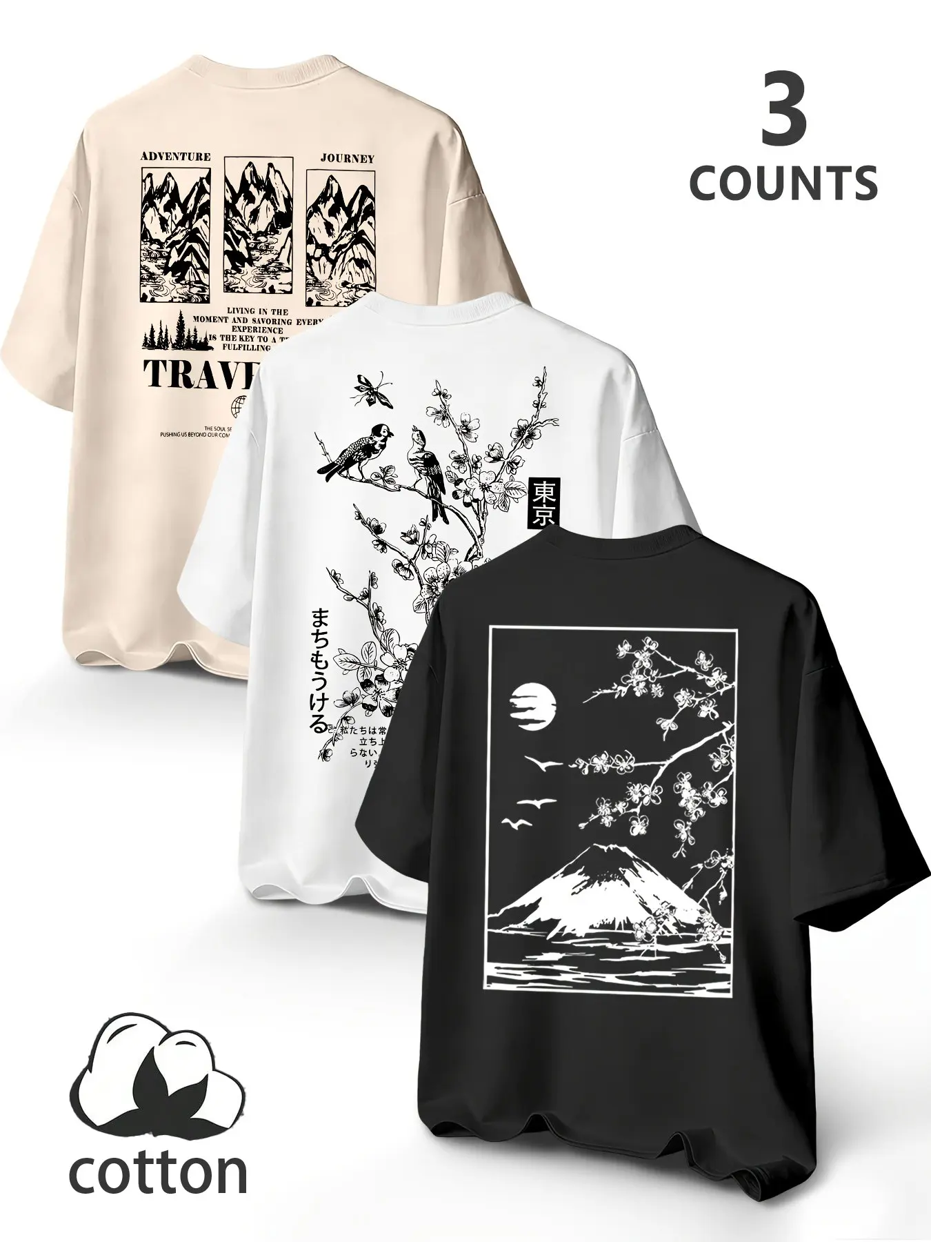 Large Size Men's 3-Pack 100% Cotton Loose Fit T-Shirts, Fuji Mountain Cherry Blossom Print, Casual Long Sleeve, Streetwear, Comfortable & Stylish Top
