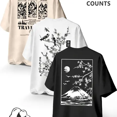 Large Size Men's 3-Pack 100% Cotton Loose Fit T-Shirts, Top, Fuji Mountain Cherry Blossom Print, Casual Long Sleeve, Comfortable & Stylish