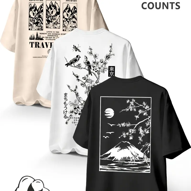 Large Size Men's 3-Pack 100% Cotton Loose Fit T-Shirts, Top, Fuji Mountain Cherry Blossom Print, Casual Long Sleeve, Comfortable & Stylish
