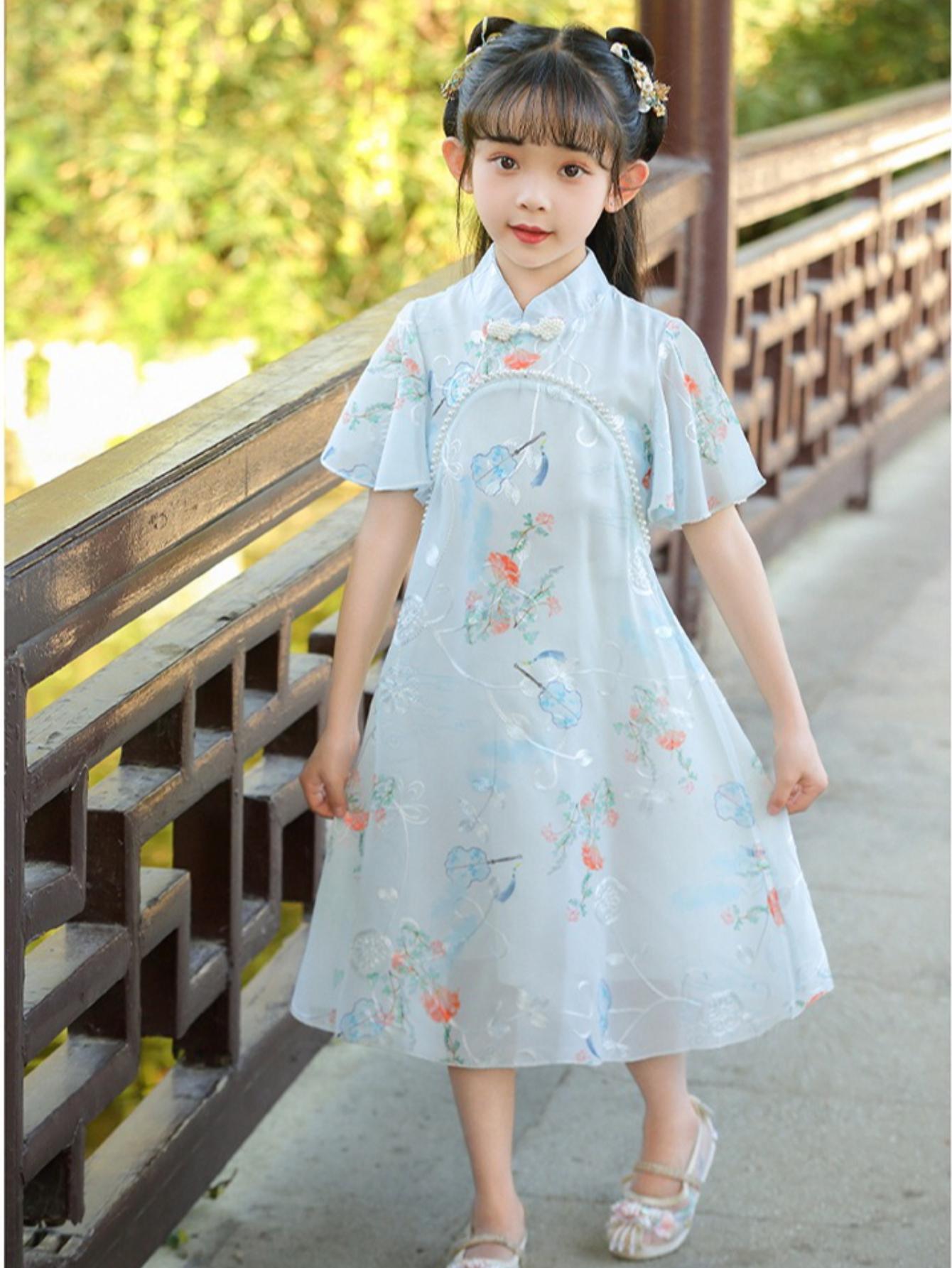 NewGirls' Chinese Style Cheongsam Chiffon Dress Summer Hanfu Light Comfortable Fashion Casual Princess Dress for Outdoor Activities Gifts Party