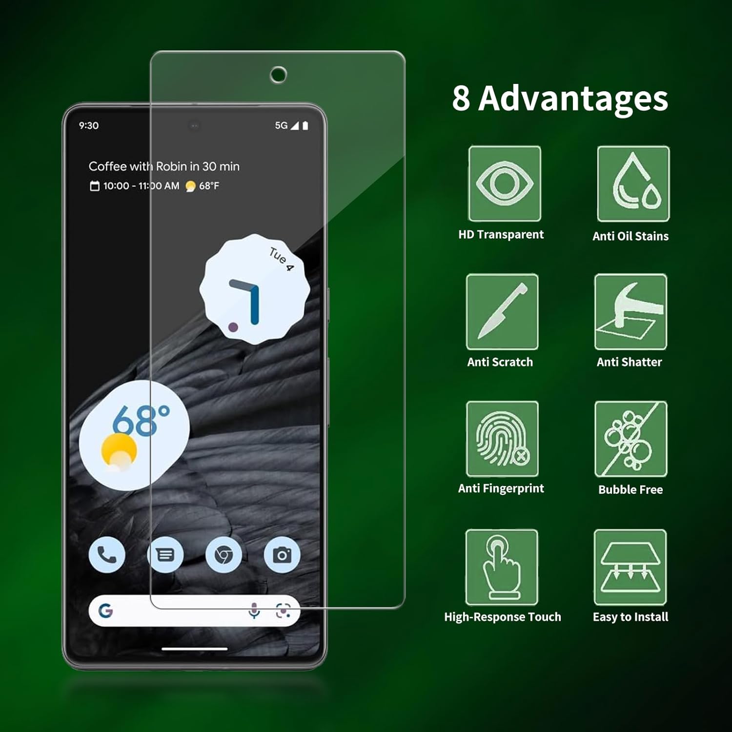 2 Pack for  Pixel 7a Screen Protector, Tempered-Glass, -curved Edges, Case Friendly, Bubble Free,  Clear, Easy Installation