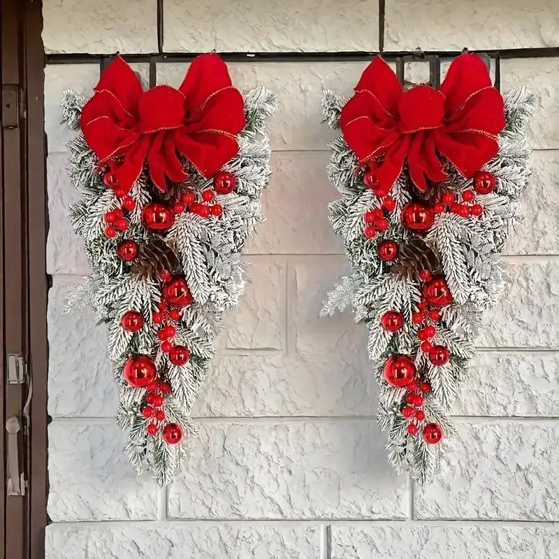 Flocked Snow Christmas Rattan Wreath, Frosted Pine Door Hanging Wreath, Waterproof Winter Decorative Garland, Xmas Holiday Display Supplies