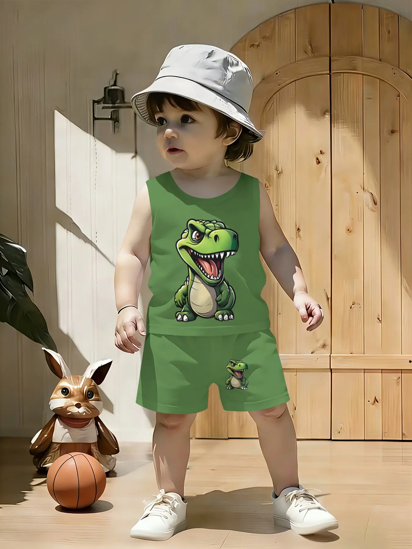 Toddler Boy All Green Dino 2Pcs Sleeveless Set, Solid Green Tank with Big Cartoon T-Rex Print + Matching Mini Dino Shorts, Cute Animal Outfit for Zoo Trip, Preschool & Gift Giving