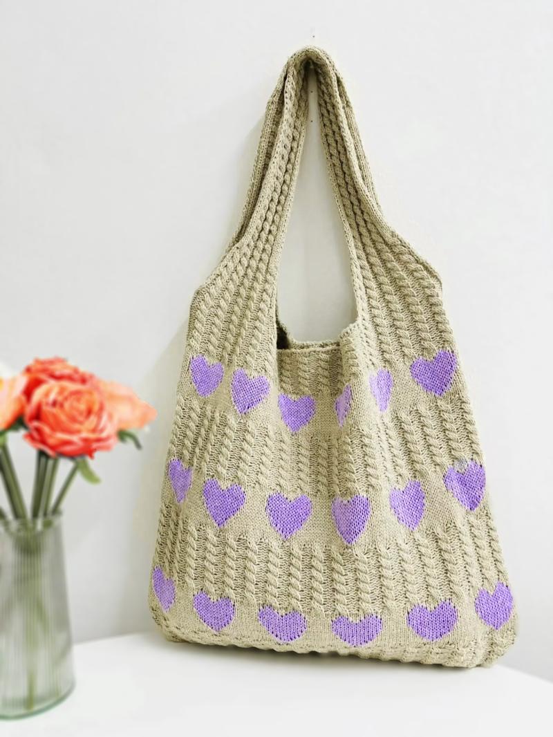 Heart Pattern Crochet Summer Tote Bag for Women, Summer 2024 Large Everything Tote Bag, Large Beach Bags, Trendy High Quality Everyday Shoulder Bag for Daily