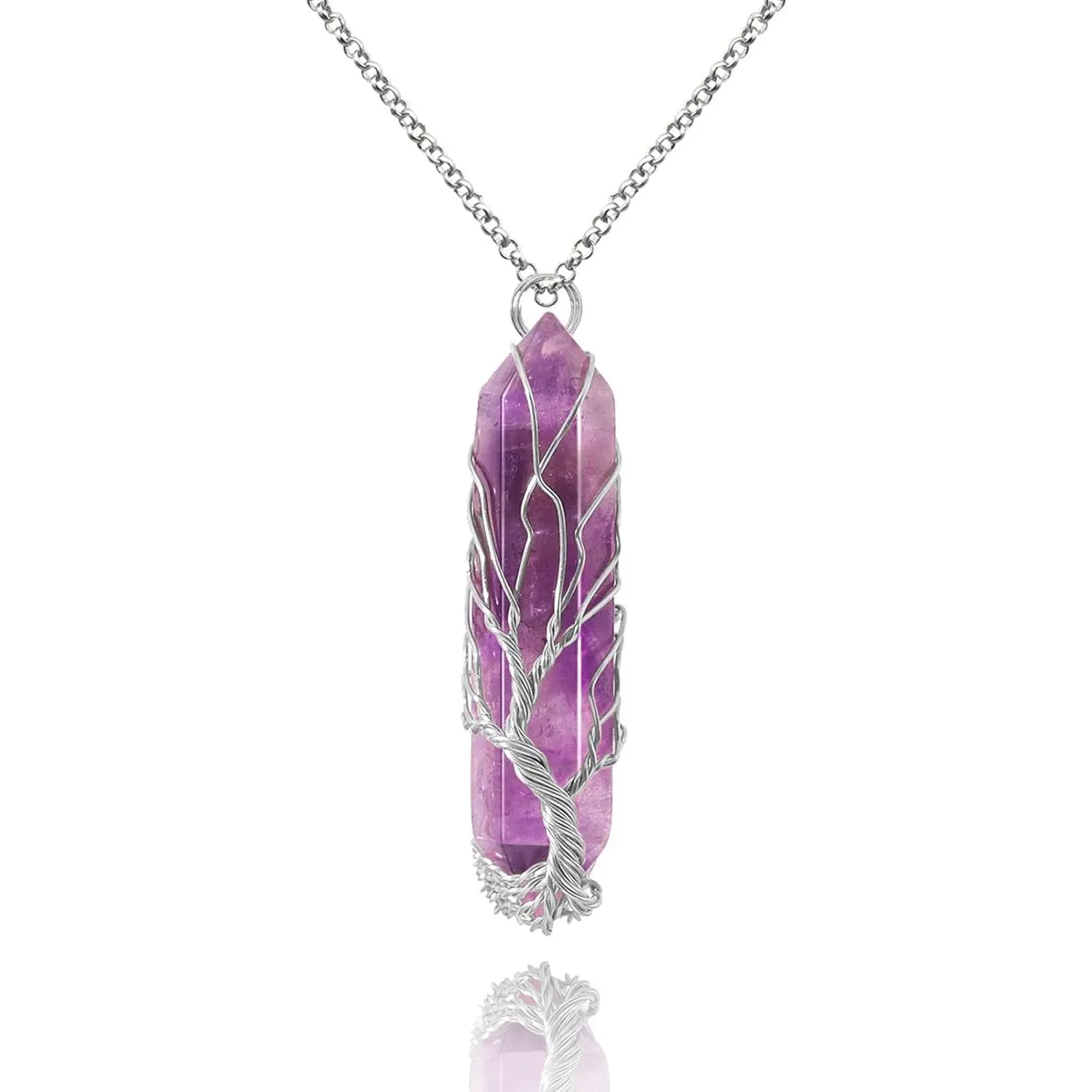 Tree of Life Necklace for Women Men, Wire Wrapped Natural Amethyst Crystal Point Pendant, Hexagonal Reiki Gemstone for Spiritual Growth, Wisdom, Strength, Rebirth, Spiritual Jewelry, Christmas Day, Daily Wear, Natural Stone, Knowledge, Concentration, Dece