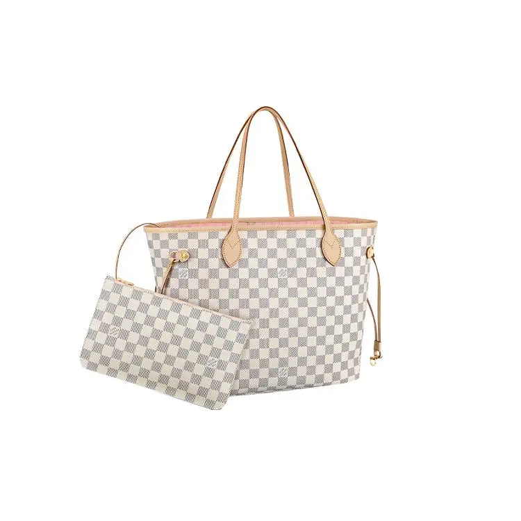 Louis Vuitton Neverfull MM Tote Bag for Women – Checkerboard Pink Lining, Coated Canvas and Leather, White
