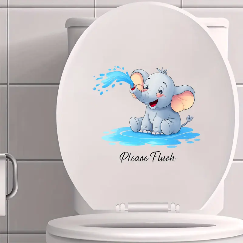 Cute Elephant Water Spraying Toilet Decal Waterproof Cartoon Bathroom Sticker Bright Fun Bathroom Accent Decorative Wall Sticker For Toilet Lids Jars And Bathroom Wall Decor