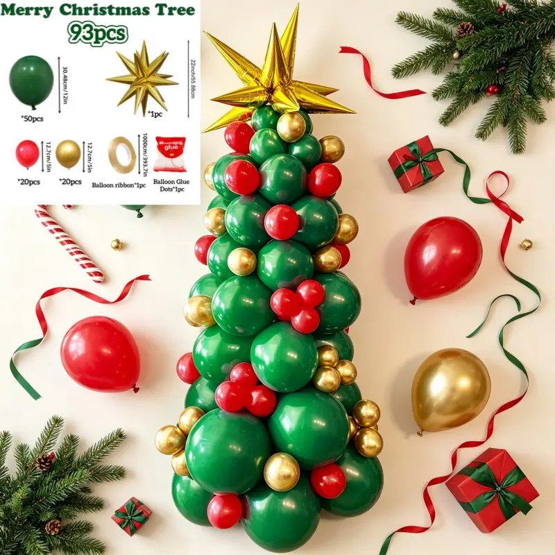 93 Piece Christmas Balloon Arch Garland Set, Gold Latex Balloons, Christmas Tree Balloons, Gold Star Balloons for Party Decorations