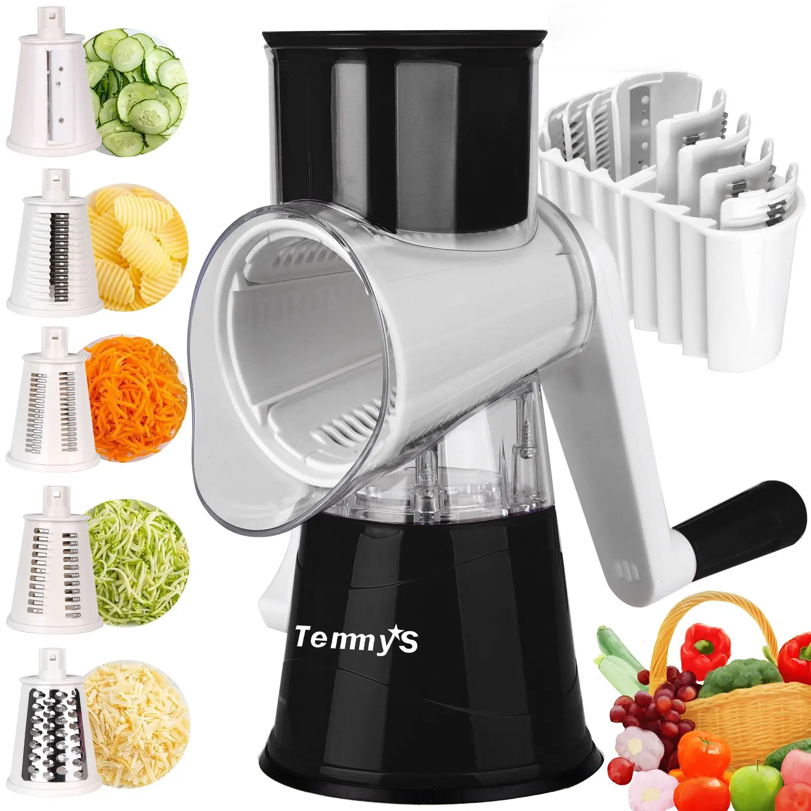 5-In-1 Rotating Cheese Grater, Vegetable Slicer, Removable Blade, Storage Box, Waffle Cutter, Handle, Strong Suction Base, Nut Crusher, Rotary Cheese Grater Manual