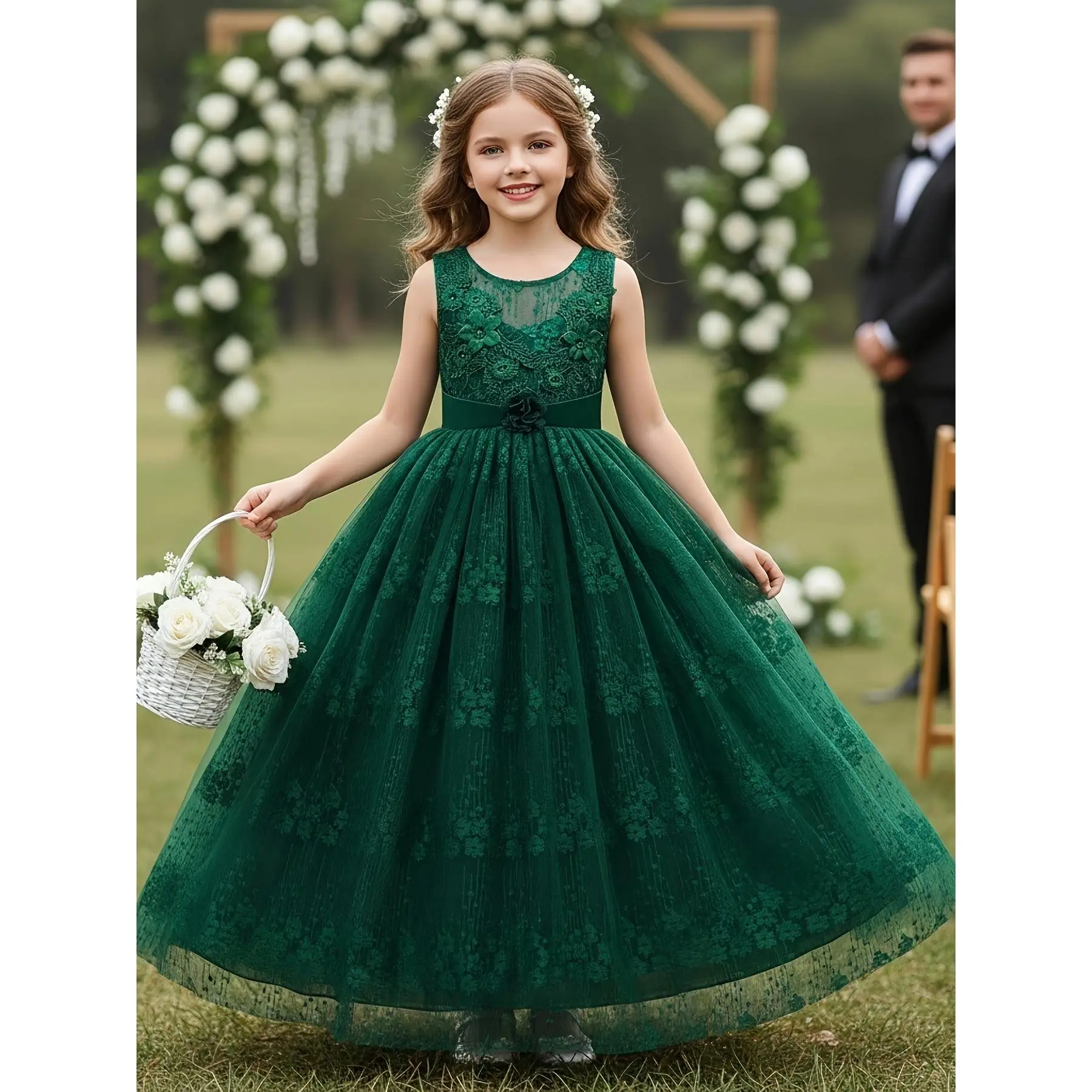 Girls' Princess Dress with Print, Long Evening Gown for Banquets, Hosting, and Stage Performances