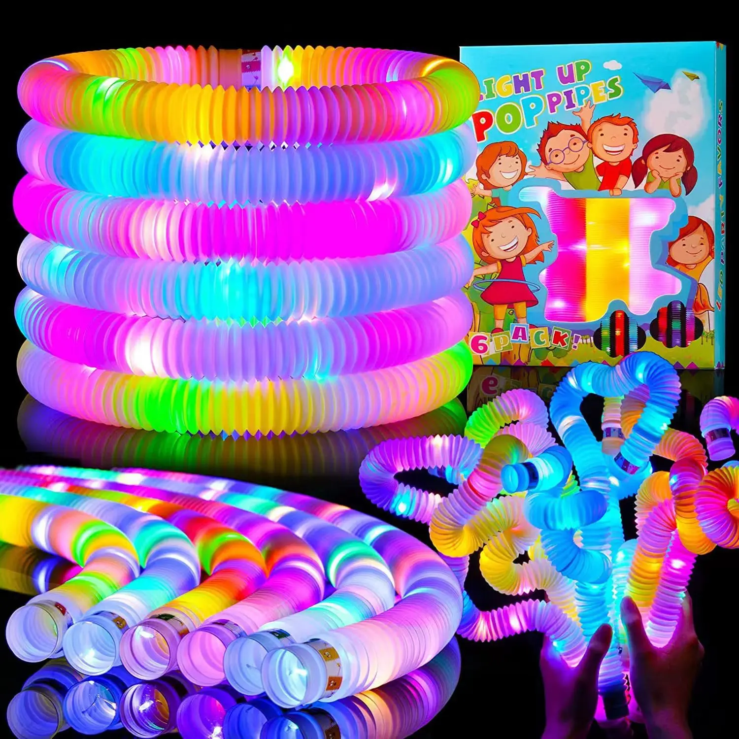 Light Up Pop Fidget Tubes Party Favors , 12 Pack Glow in The Dark Party Supplies Toddler Sensory Toys, Large Glow Sticks as Goodie Bag Stuffers and Birthday Party Pack Return Gifts