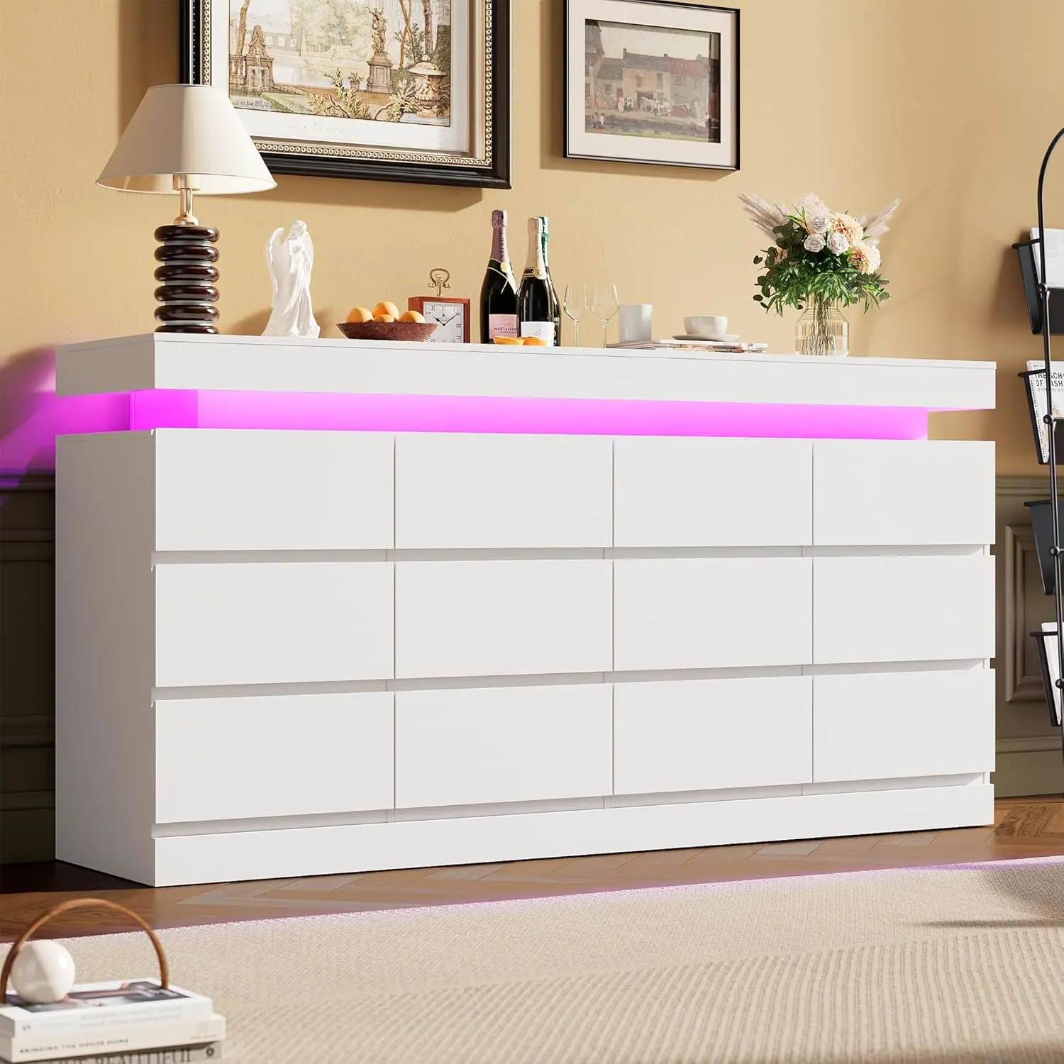63-Inch Modern Glossy Handleless LED Bedroom Dresser with 12 Drawers, Type C Charging Station, Power Outlets, Wire Hole - Furniture, Room Decor, Apartment Furniture, Large TV Stand Console Table, Clothes Storage Cabinet
