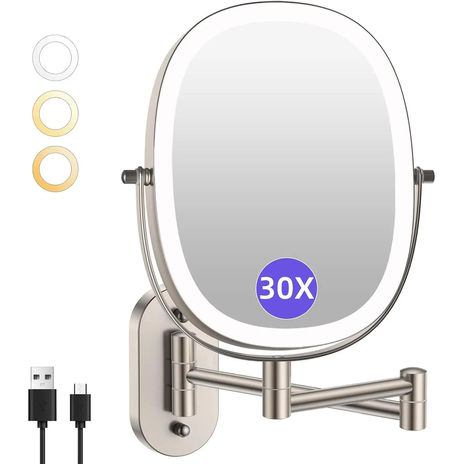 Modern 30X/1X Double-Sided Magnifying Wall-Mounted Makeup Mirror - 5000mAh Rechargeable, Metal 30x Brush Nickel, 360° Rotating Extended Arm, Dimmable Lights, 3 Color Lights, Synthetic, for Bathroom Home Supplies