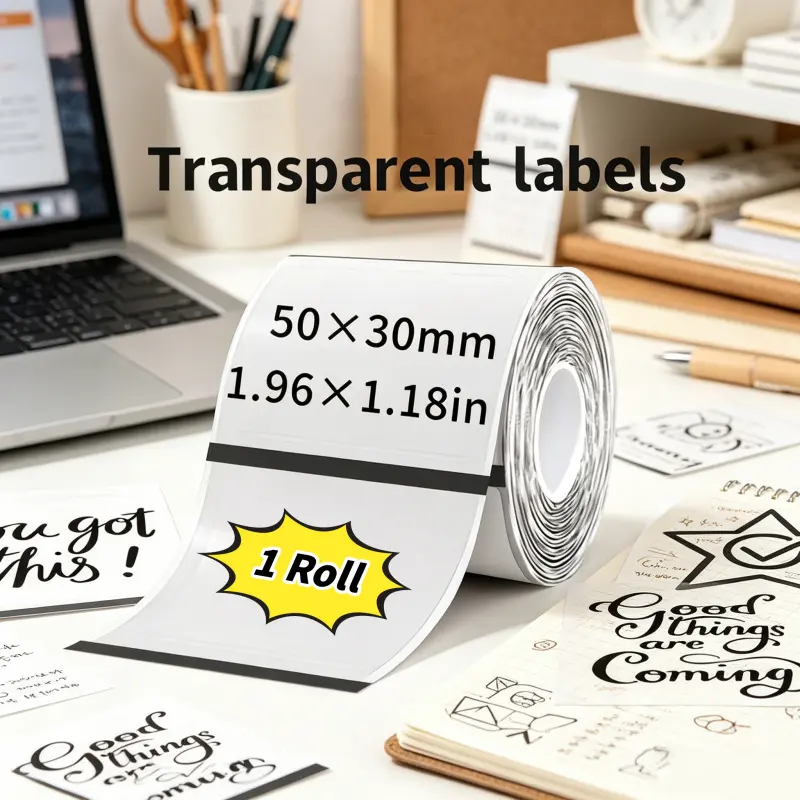 1 roll 50x30mm clear thermal labels, for M220/M200/M120/M221/M110/M150/P50. Multi-purpose for home organizing, work notes, small business tags, barcodes, address/warehouse labels.