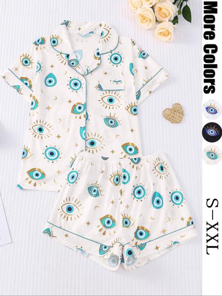 Women's All Over Cartoon Eye Print Short Sleeve Pajama Two-piece Set, Casual Comfy Button Front Chest Pocket Design Lapel Neck Top & Elastic Waist Shorts PJ Set, Ladies Sleepwear for All Seasons, Pajamas, Starlight Pajama Set