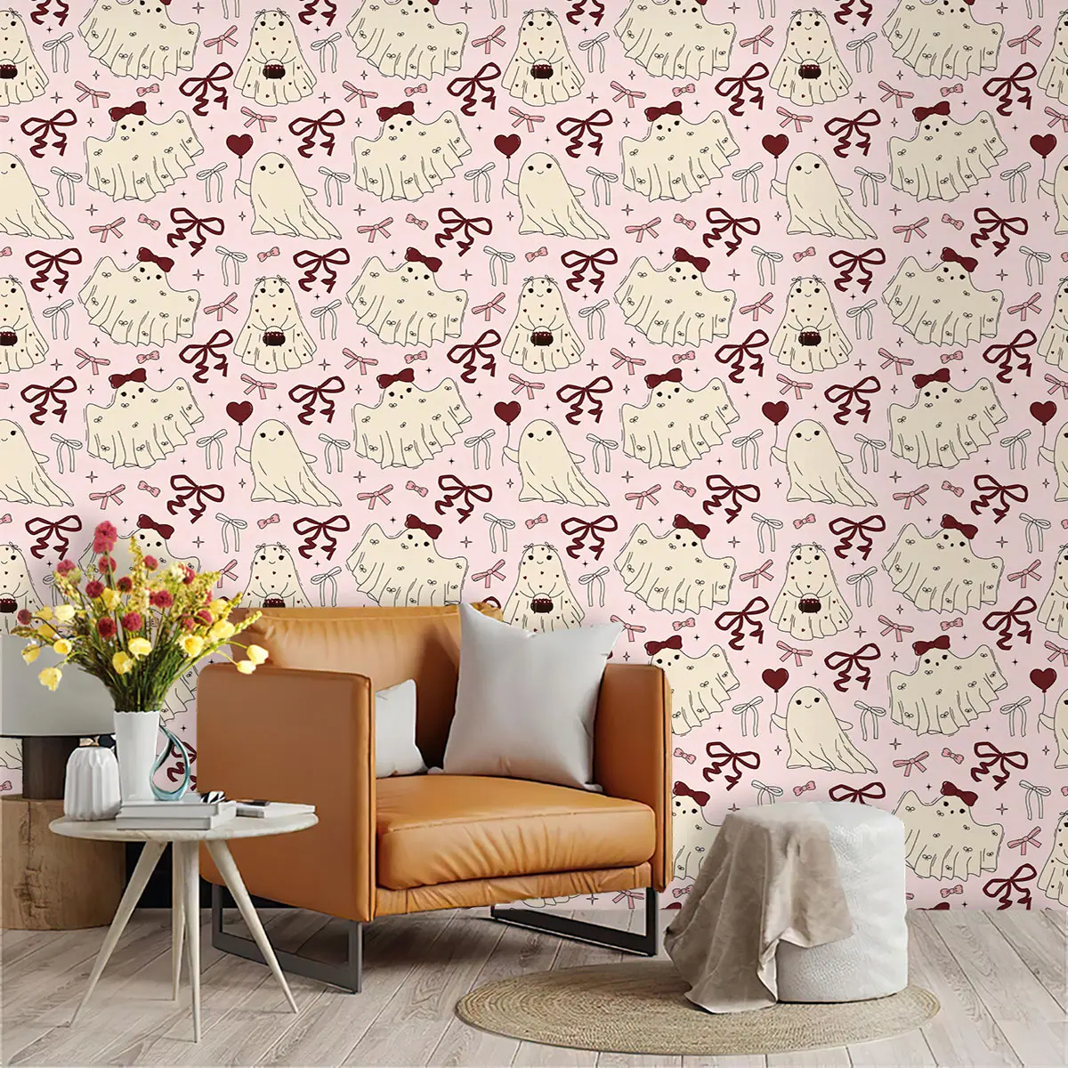 1 roll of pink cute cartoon ghost bow looped spliced wallpaper made of PVC material with adhesive on the back, suitable for furniture decoration, kitchen/living room/bedroom/wall decoration