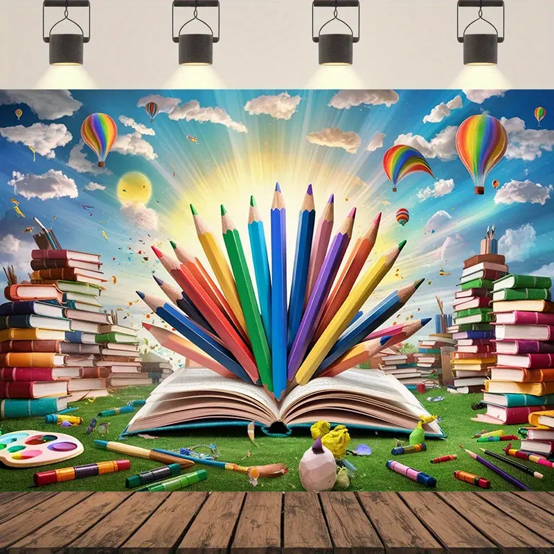 Open Book School Theme Backdrop, Hot Air Balloon and Pencil Polyester Tapestry for Classroom Parties, Home Decor, Photography and Educational Events