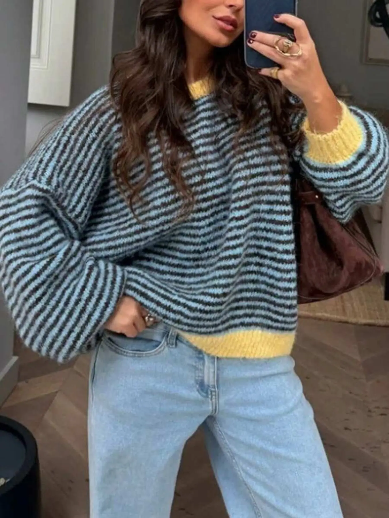 New Fall Winter Women's Round Neck Patchwork Striped Long Sleeve Loose Soft Knit Pullover, Elegant Casual Fashion Top, Comfortable and Stylish, Striped Casual Sweater