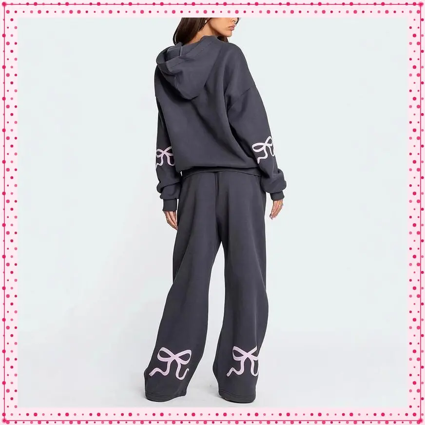 Women's  Piece Outfits Bow Trim Print Hoodie Sweatsuit Sets Oversized Sweatshirt Wide Leg Sweatpants With PocketsGift
