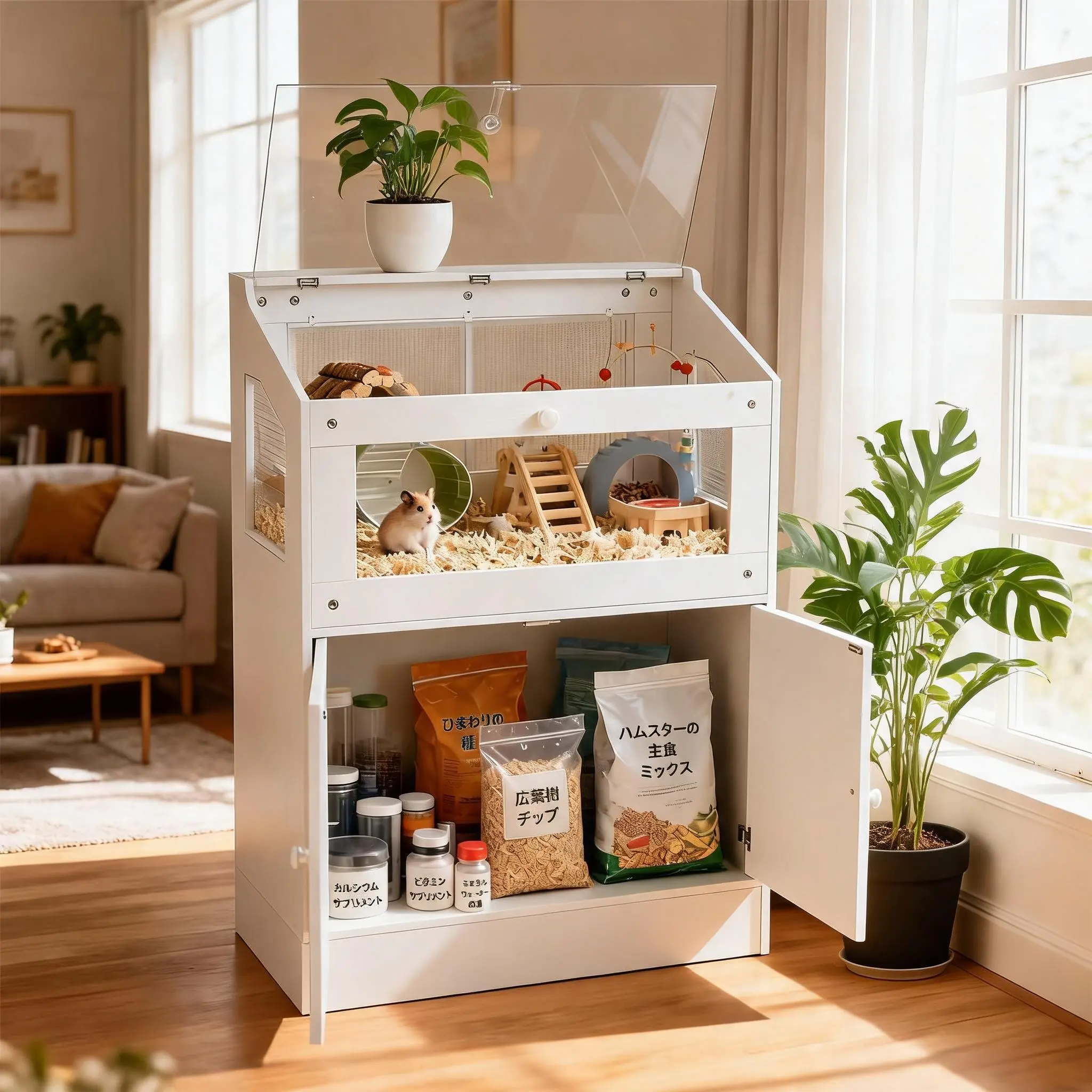 Hamster Cage with Storage Cabinet, Clear Acrylic Small Animal Enclosure | Large Hamster Enclosure, Wooden Small Animal Cages for Gerbil Mouse Dwarf Syrian Hamster