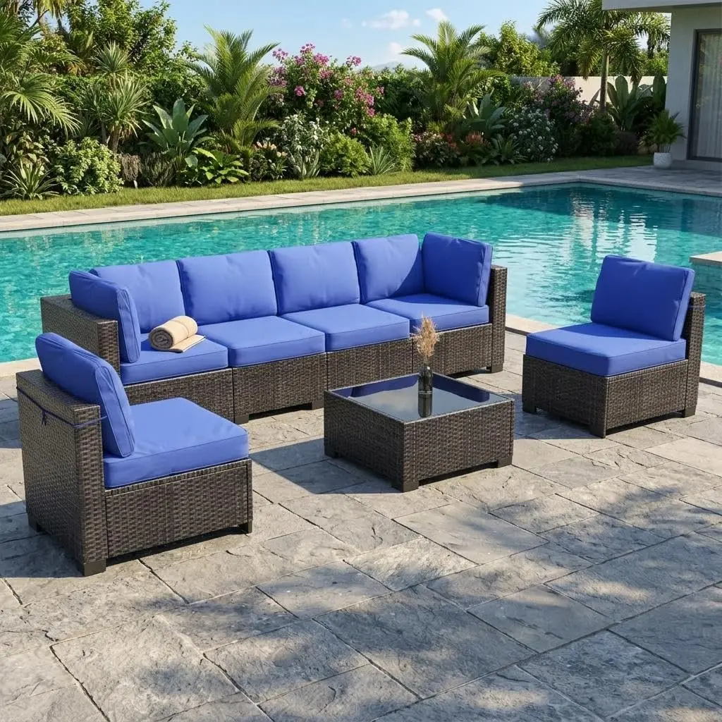 GARVEE 7 Piece Patio Furniture Set, PE Rattan Wicker Sectional Sofa Set with Cushions & Glass Top Coffee Table, Outdoor Conversation Furniture for Garden, Balcony, Porch, Backyard