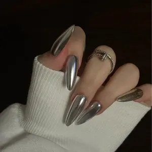 24PCS Long Almond Chrome Press On Nails Silver Mirror Metallic Design, Glossy Reusable Acrylic False Nails for Party Night Out with 1 Jelly Glue & 1 Nail File