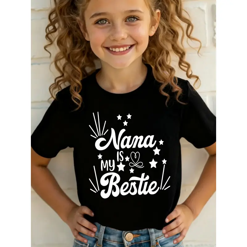 Girls' Summer Short-Sleeve T-Shirt - "Nana IS MY Bestie" Letter Cartoon Print, Animated Character Graphic, Comic-Themed, Colorful Character Print Casual Versatile Top NY-DX3940, Animated Character Graphic Girls' T-Shirts, Cartoon Girls' T-Shirts