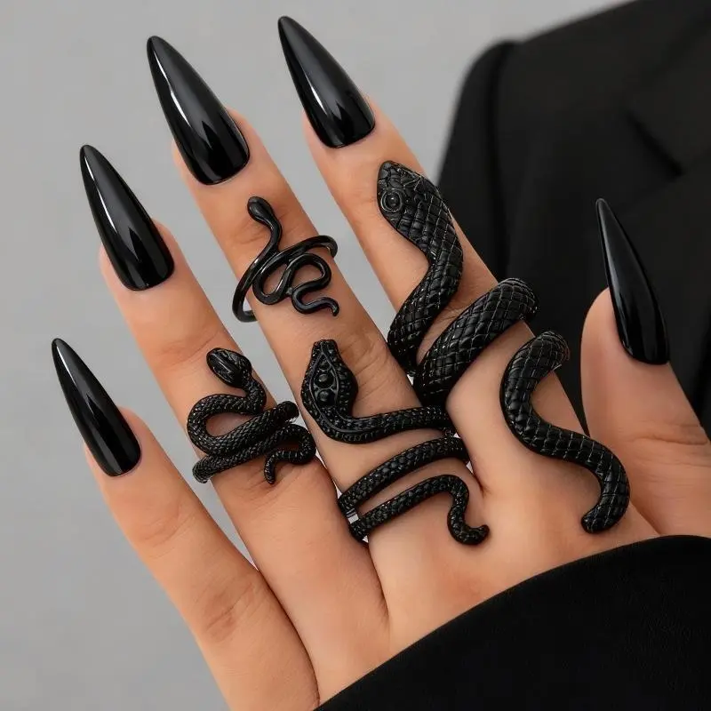 4Pcs Gothic Snake Ring Set for Women, Silver Tone Geometric Copper Bands for Stacking, Trendy Friendship Jewelry, 2026 New, Adjustable Open Bands, Daily, Goth Detailing, Irregular Open, Party