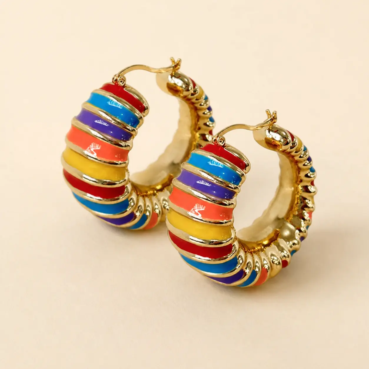 Women's Large Size Colorful Enamel Huggie Hoop Earrings - Rainbow Stripe, Ribbed Detail, Lightweight Chunky Gold Wearable Art Earrings for Daily Wear, Ear Stacking Costume Jewelry, Colorful Earrings
