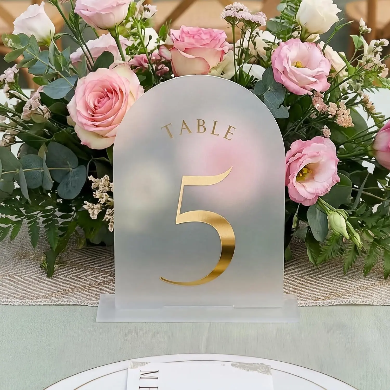 Frosted Arch Wedding Table Numbers 1-15 with Stands, Gold Foil Printed 5x7 Acrylic Display Signs & Holders, 15 Pack, Perfect for Centerpiece, Reception, Party, Anniversary Event Decorations