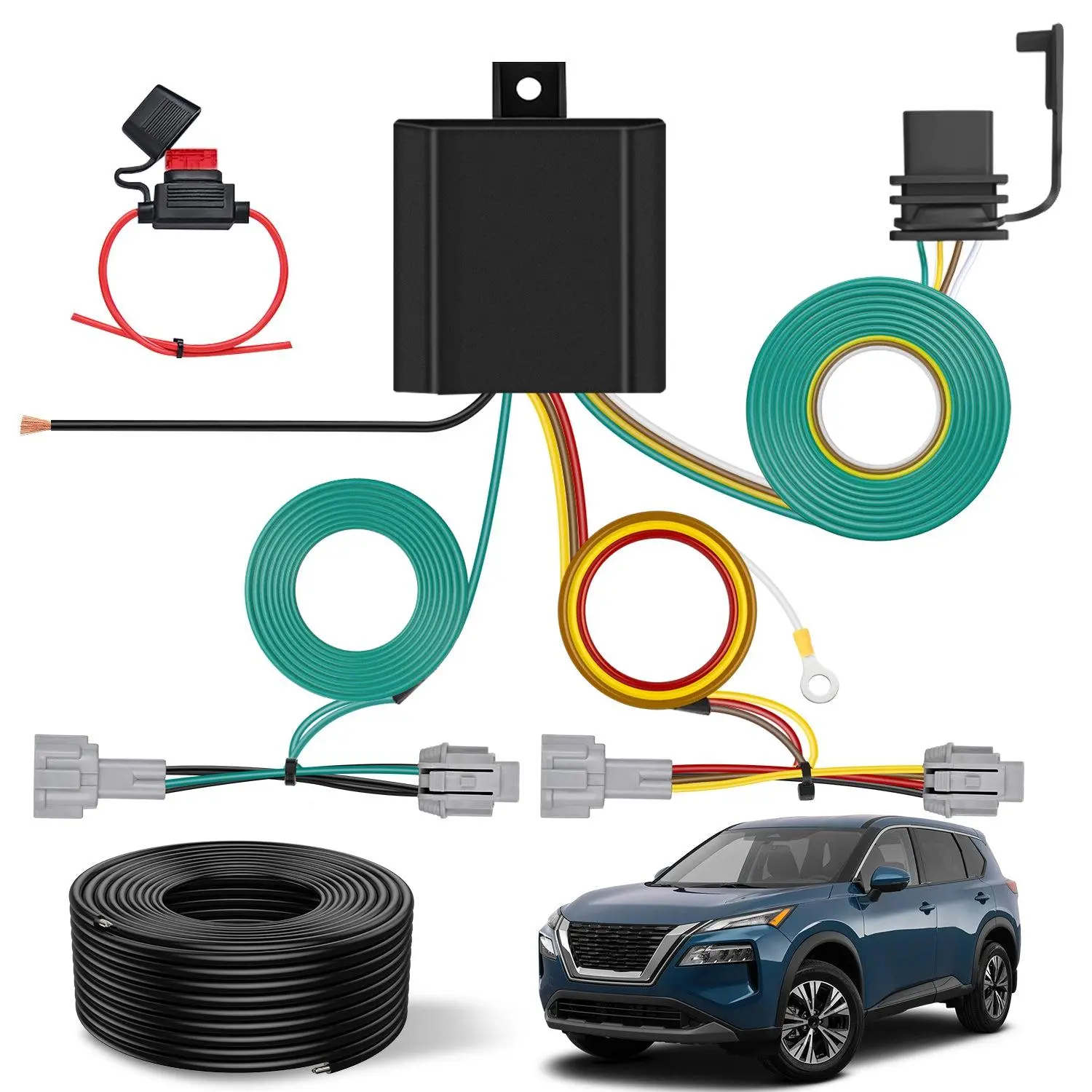 Nilight 4-Pin Trailer Wiring Harness Kit 56459 - Pure Copper, Built for Long-Lasting Durable Structure Converter, Plug-N-Play for 2021-2025 Nissan Rogue, Fuse Holder, Standard 4-Way Connector, Easy to Install Towing Setup