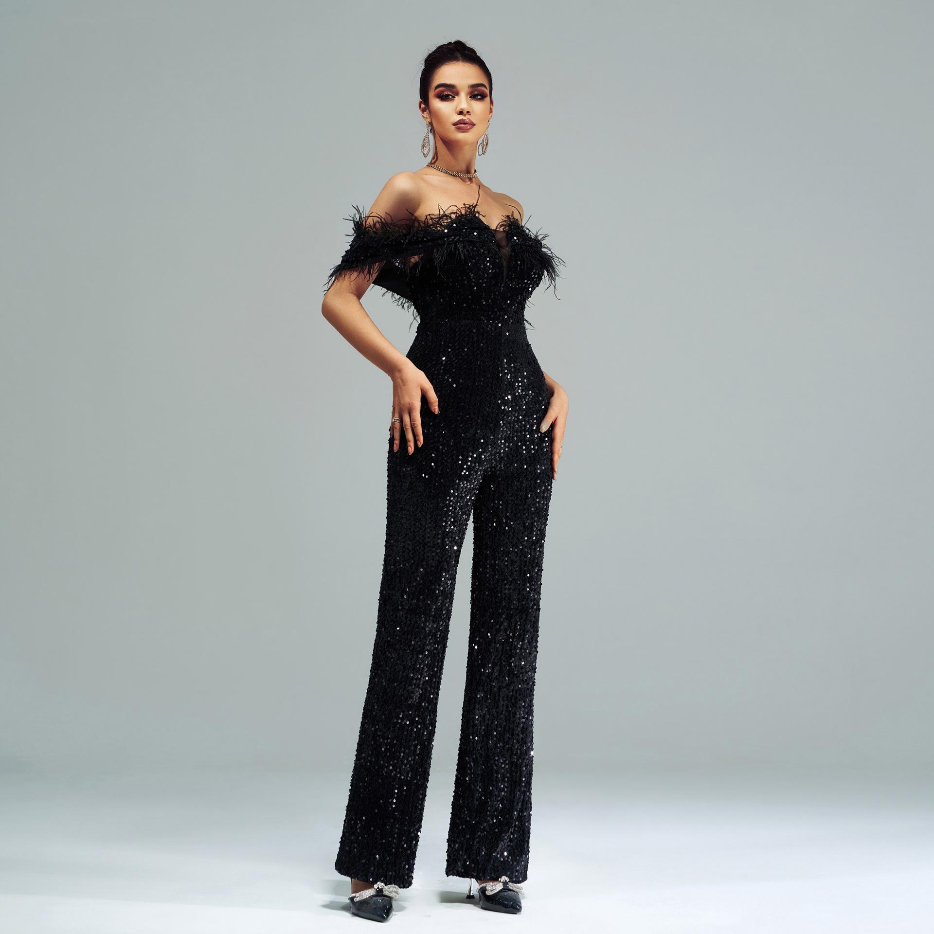 MISSORD Off Shoulder Feather Jumpsuits Womenswear Overalls Black Slight Stretch Back Zipper Padded