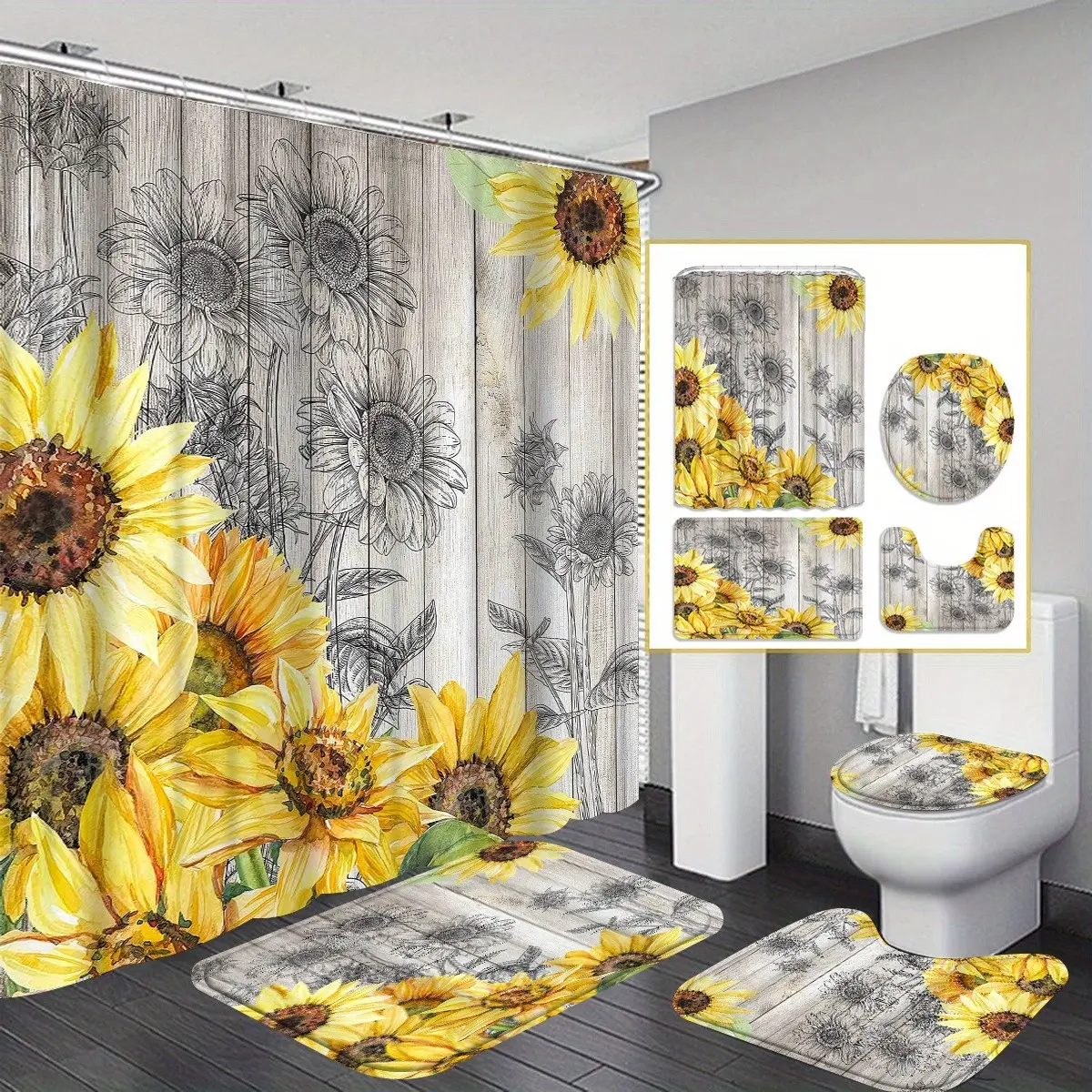 4pcs sunflower shower curtain set, bathroom partition curtain, home decoration, curtain decoration housewarming gift, shower curtain toilet mat bathroom mat 4pcs set, bathroom supplies, shower curtain set comes with 12 shower curtain hooks
