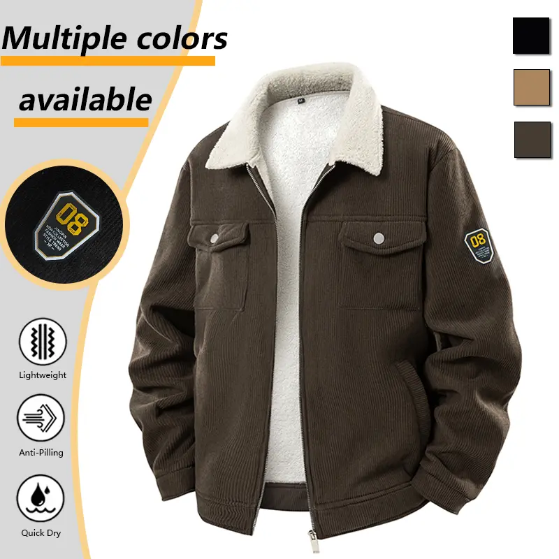 Fashion Men Thick Sherpa Collar Corduroy Winter Jacket, Soft Fleece Lined Thermal Outer Coat, Multi Pocket Loose Fit Casual Cotton Jacket Ideal For Cold Weather Street Style