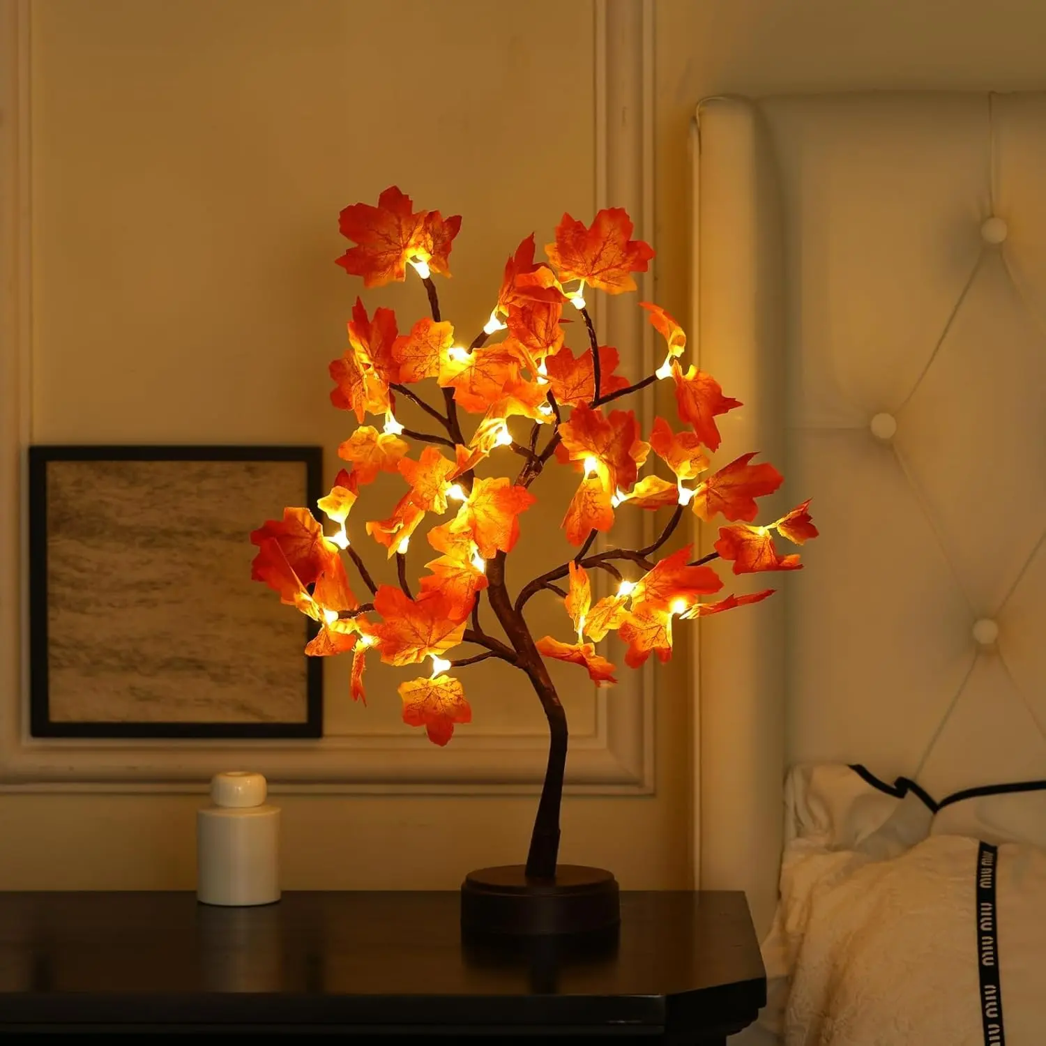 Set of 1 Artificial Glowing Maple Tree for Fall, 24 LED Thanksgiving Decorations, Battery/USB-Powered, Pre-strung with Lights, Perfect for Halloween, Wedding Parties, Indoor Fall Harvest Decorations, and Home Fall Decor, Holiday Decor