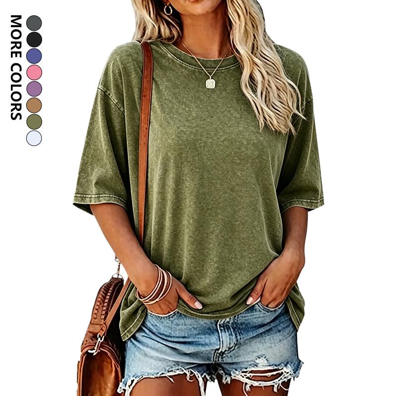 Women's 5-Pack Pure Cotton Washed Finish Short-Sleeve T-Shirt Set, Round Neck, Relaxed Fit, Distressed Print, Skin-Friendly Breathable, Minimalist Vintage Casual, Women's Tops, Machine Washable, Pairs with Jeans Shorts