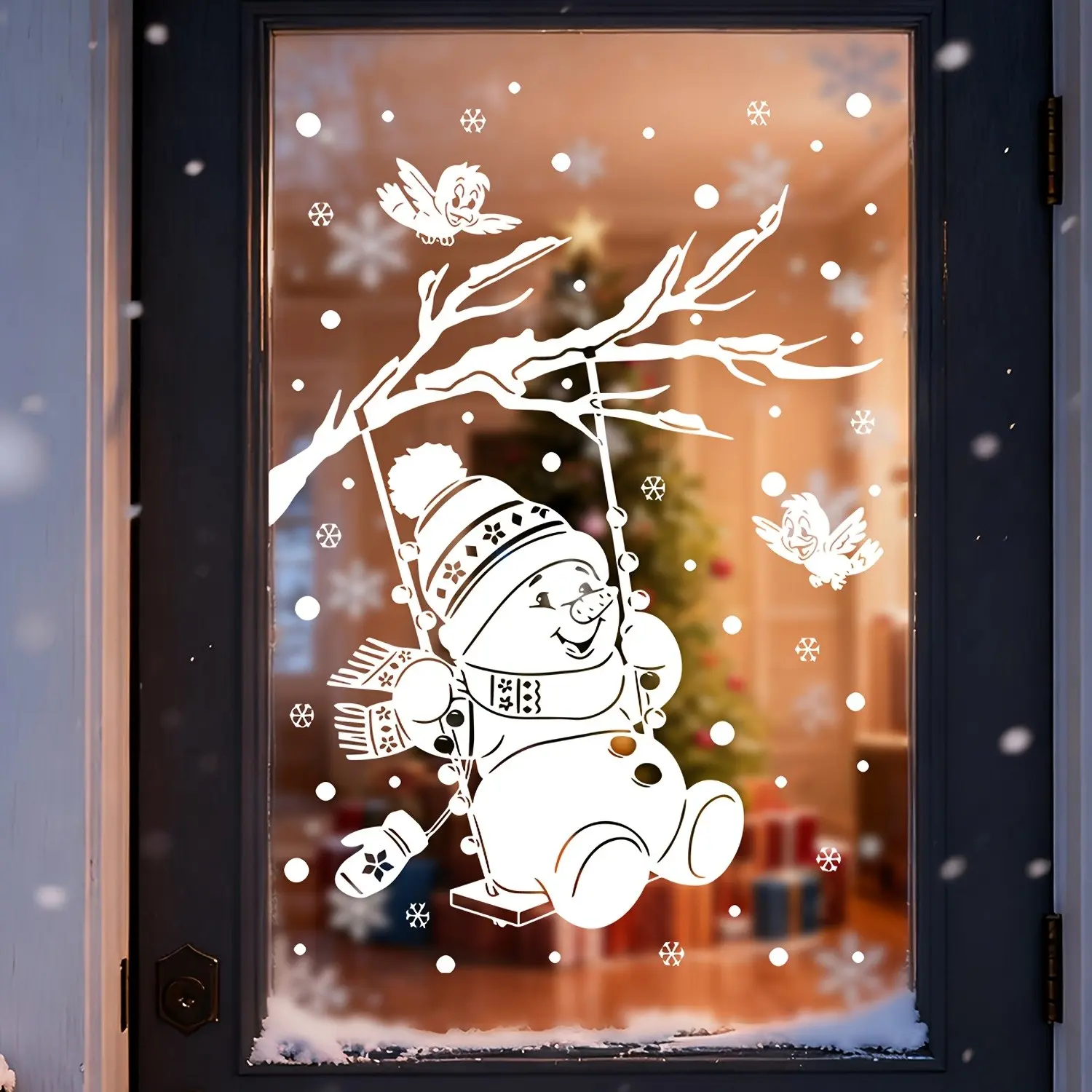 Christmas Snowman Bird Snowflake Sticker, Static Cling Window Mall Home Decor, Glass Christmas Decal, Holiday Decoration