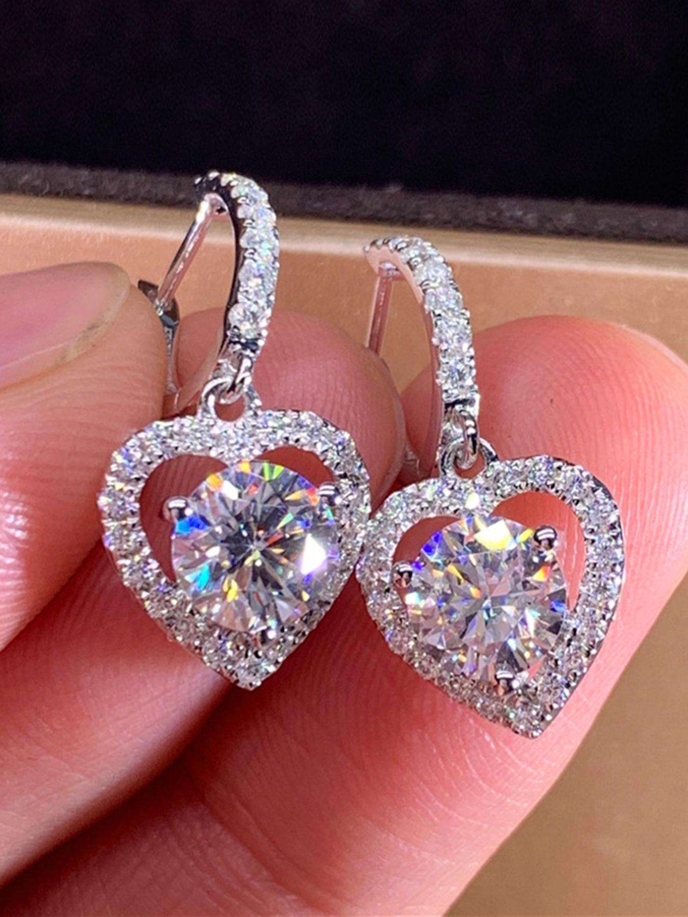 Women's Elegant Rhinestones Decor Dangle Earrings, Copper Inlaid Zircon Trendy Heart Design Dangle Earrings, Fashionable Teen Girl Accessories As Gift for Girlfriend, Heart Shaped Earrings, Trendy Jewelry, Dangling Earrings, Dangly Earrings