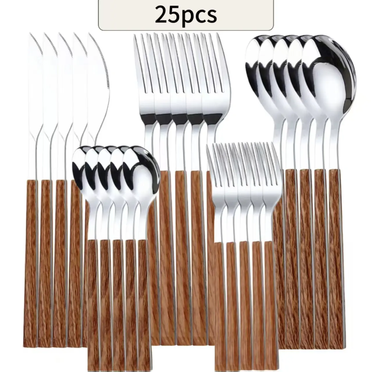 25-Piece Stainless Steel Silverware Set with Wood Grain Handles, Mirror Polished Cutlery Set, Flatware Service for 5 People, Durable Kitchen Tableware, Dishwasher Safe