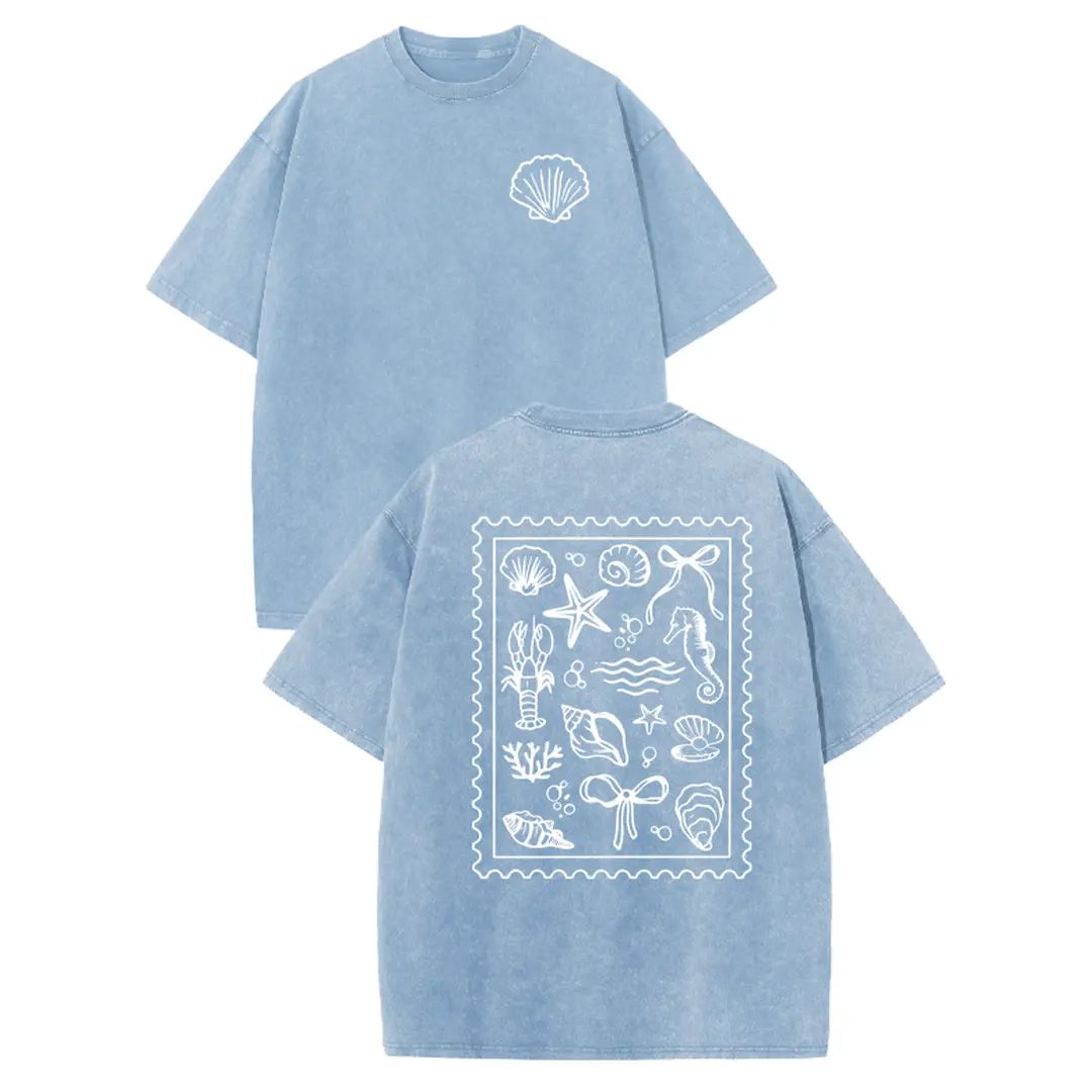 Holafish Womens Crewneck Shell Pattern Acid Washed T‑Shirt Retro Dual‑Side Graphic Printed Unisex Fashion Tees Summervibes Casual Top 2026