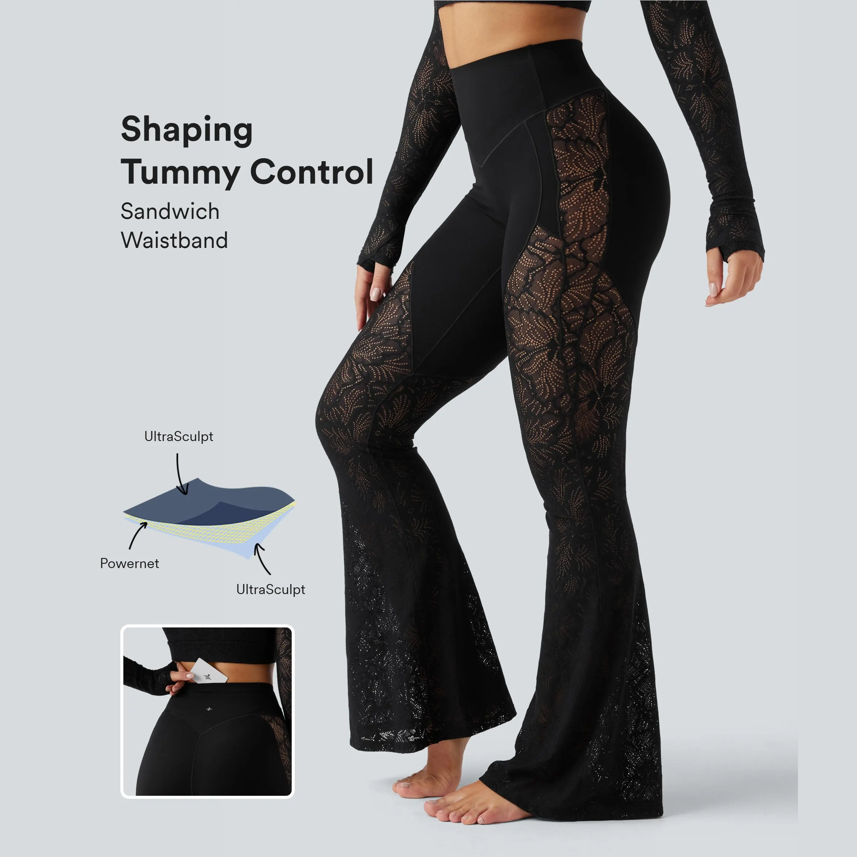 Halara UltraSculpt™ High Waisted Tummy Control Contrast Lace Yoga Flare Leggings with Pocket