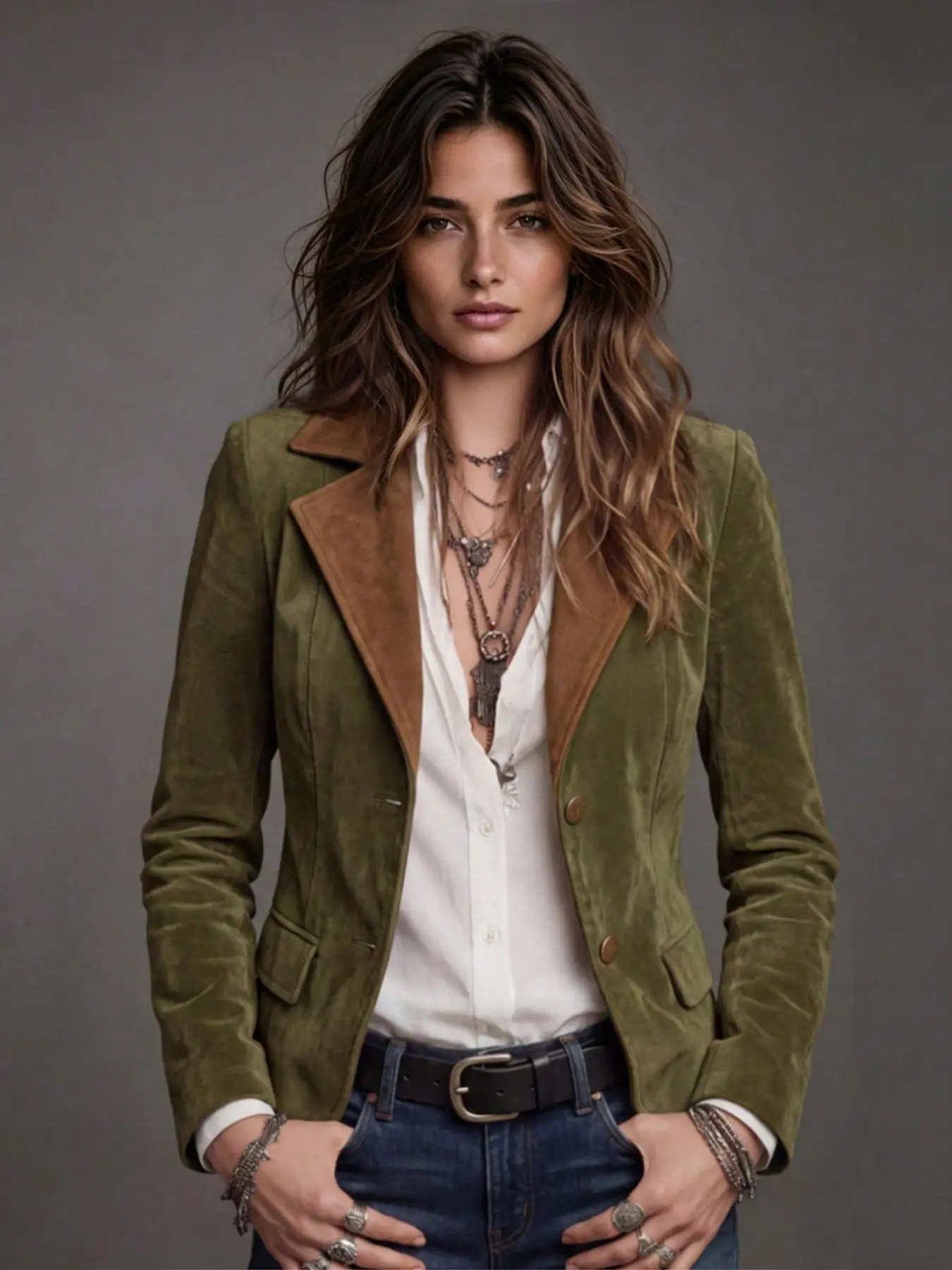 Women's Lapel Collared Two-Color Fake Pocket Long Sleeve Casual Coat, Stylish Outerwear for Daily Wear, Comfortable and Trendy Design
