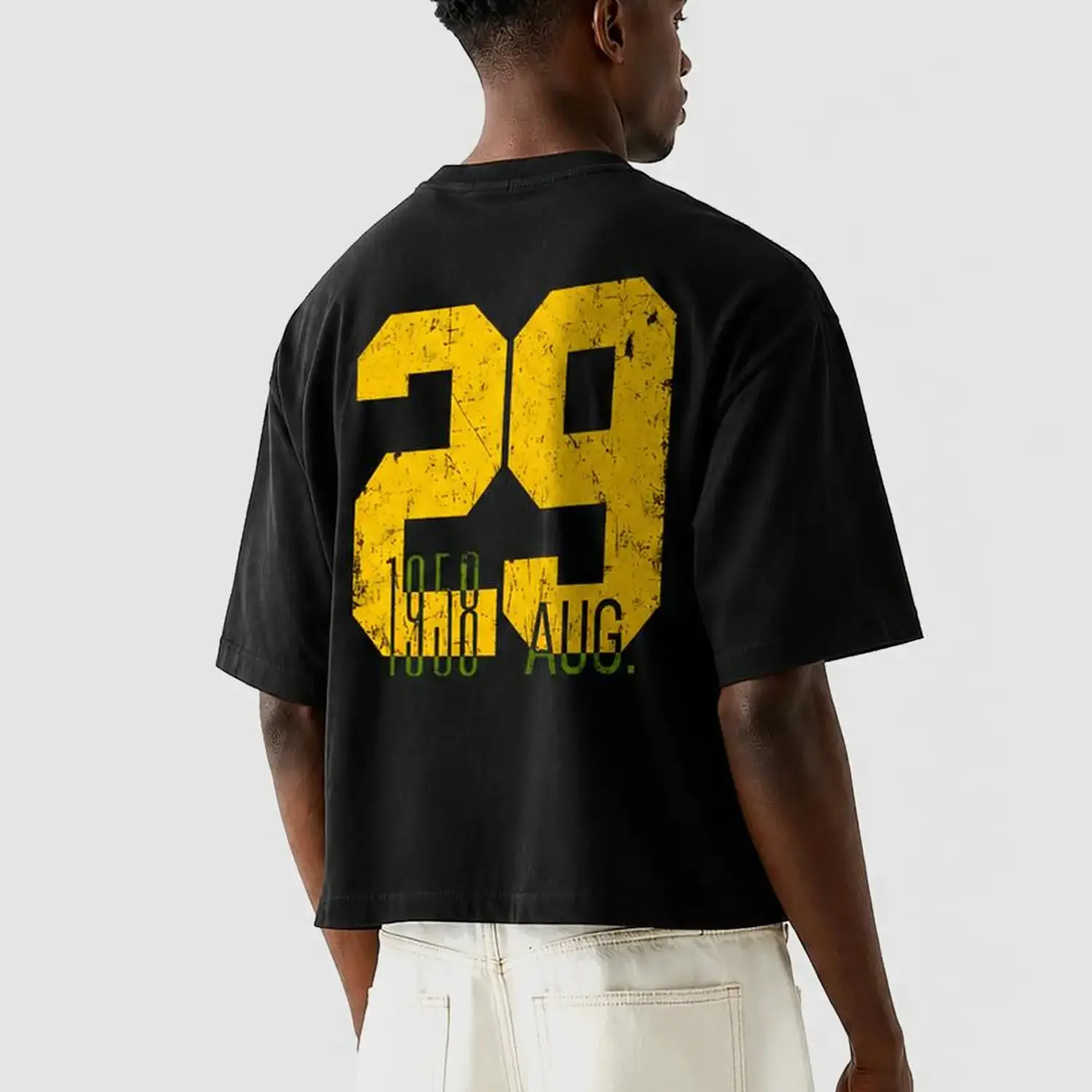 Vintage Distressed Number 29 August Date Back Print Graphic T‑Shirt, Retro Sport Jersey Style Tee, Grunge Numerical Streetwear Apparel, Unisex Cotton Shirt Gift For Street Style Lovers Men Women LK00178TD