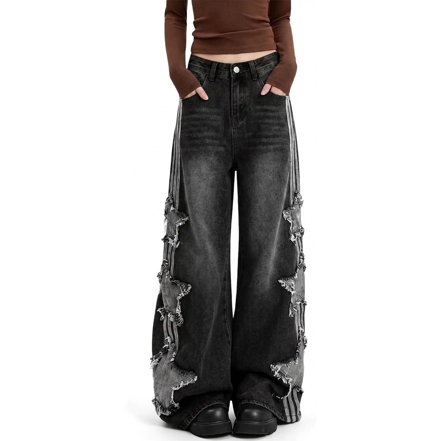 Women's High-Waisted Baggy Wide-Leg Denim Blend Jean Pants - Y2K Grunge Emo Style, Star Patchwork, Pocket Design, Casual Bottoms for Outfit Inspiration (OOTD)