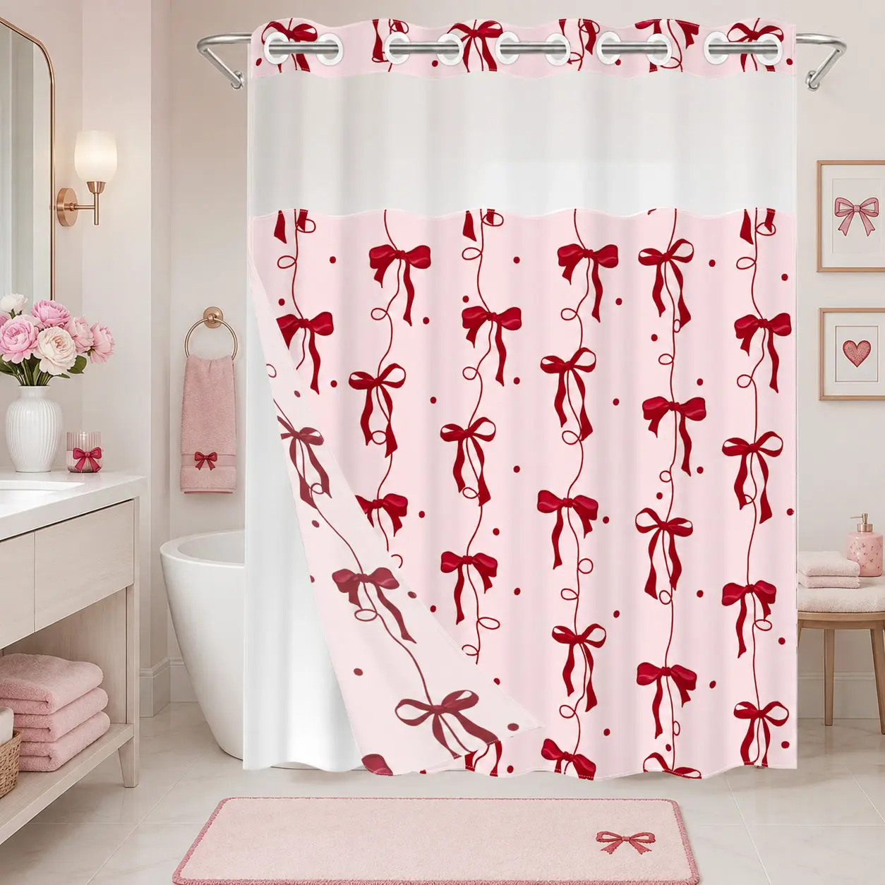 1 Pc Hookless Double Layer Printed Decorative Shower Curtain with Snap-in Liner, Red Ribbon Bow Polka Dot Print, Waterproof & Mold Resistant Bath Curtain with Mesh Top Window, Coquette Pink Bathroom Decor for Apartment Home Hotel Dorm
