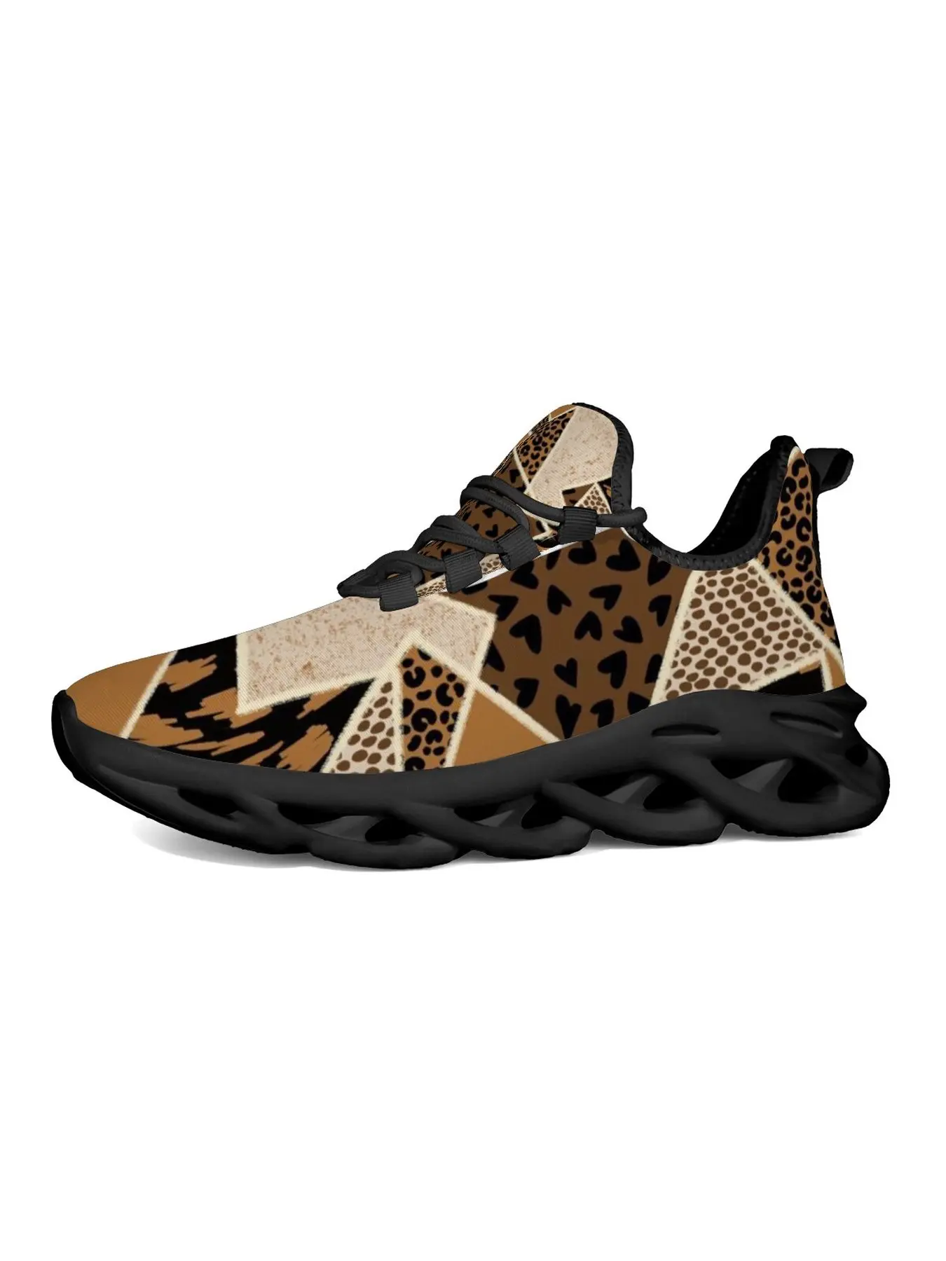 Geometric Patchwork Leopard Tiger Heart Print Chunky Blade Sole Sneakers Unisex, Lightweight Breathable Mesh Platform Walking Shoes, Vintage Animal Mixed Print Shock Absorbing Athletic Running Trainers Daily Street Footwear