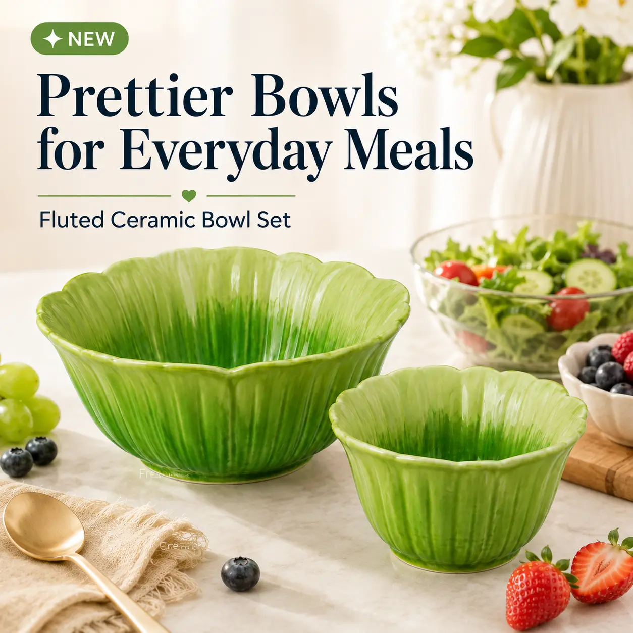 Green Fluted Edge Ceramic Bowl Set - 2-Piece Tableware Set with 16.9 fl oz & 8.8 fl oz Bowls for Everyday Meals, Microwave & Dishwasher Safe