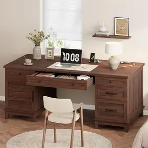 60" Executive Desk with Power Outlet, Home Office Desk with Drawers, Wooden Work Desk with File Cabinet, Computer Desk for Work, Study, Writing