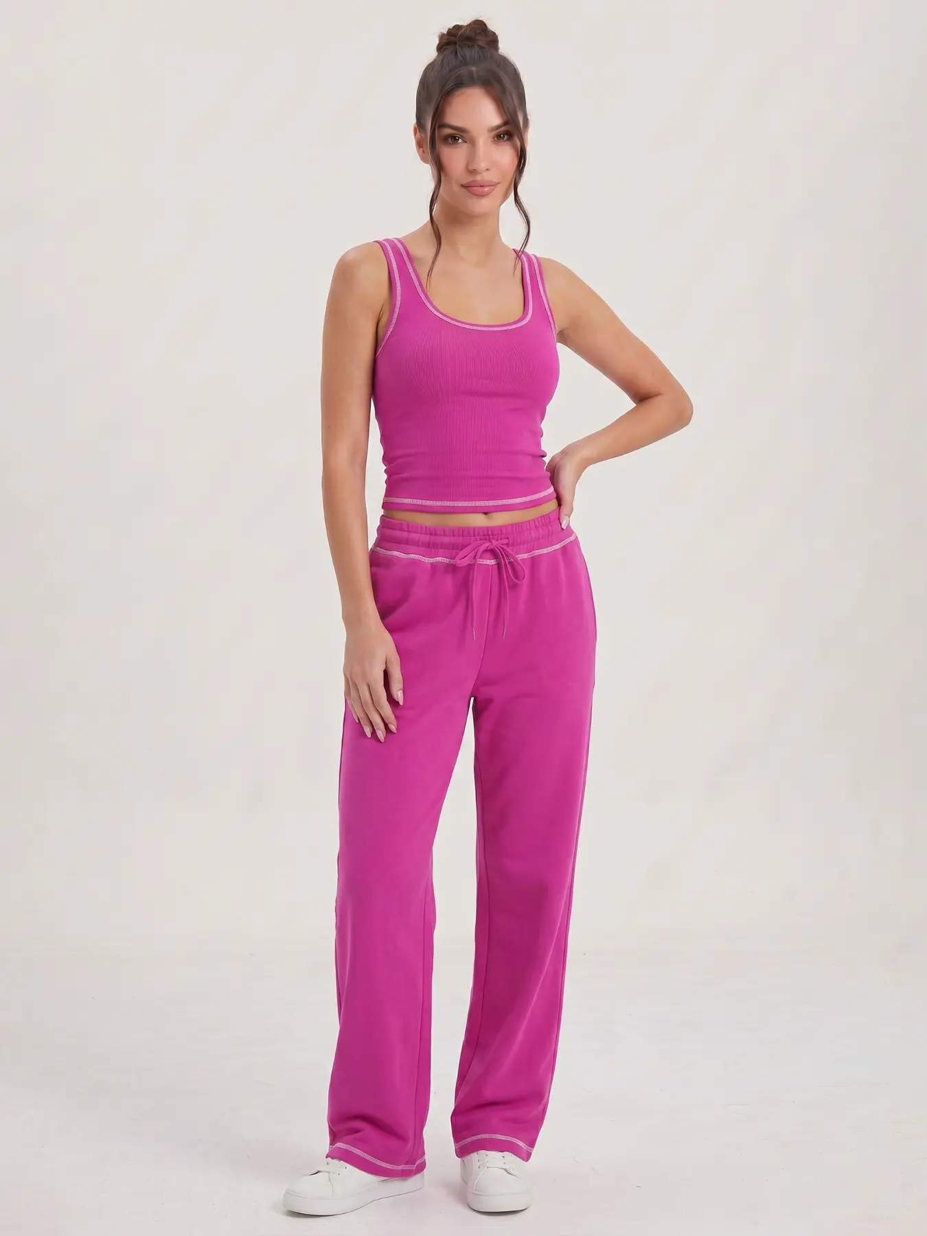 Katch Me Women's Contrast Binding U-Neck Flattering Tank Top & Mid-Rise Wide Leg Trousers Co-ord, Athleisure High Stretch Breathable Lightweight Two Piece Sets, Drawstring, Pill-Resistant Summer Sleeveless Daily Outfits