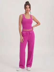 Katch Me Women's Contrast Binding U-Neck Flattering Tank Top & Mid-Rise Wide Leg Trousers Co-ord, Athleisure High Stretch Lightweight Two Piece Sets, Drawstring, Pill-Resistant Summer Sleeveless Daily Outfits